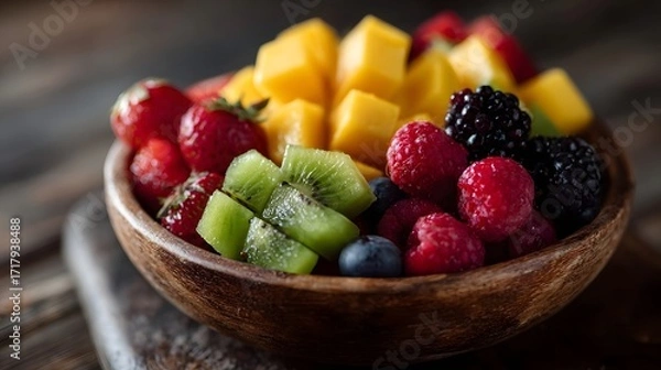 Fototapeta A rustic wooden bowl filled with a colorful fresh mix of tropical fruits including diced mango sliced kiwi and assorted berries
