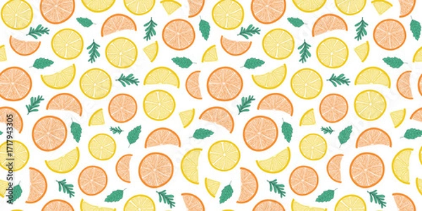 Obraz Citrus slices and leaves. Seamless pattern of fruits, oranges, and lemons. Cut in half. Ingredient for juice and a healthy vitamin drink. Vector flat color illustration on a white isolated background.
