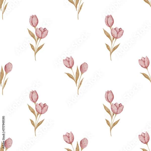 Fototapeta Watercolor seamless pattern with spring flowers in pastel pink  colors, isolated on white background. Perfect for wrapping paper, kids room decor, wedding invitations, textile and fabric designs.