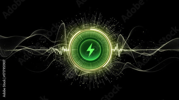 Fototapeta Energy button with energy waves on black bfckground - 3d rendering