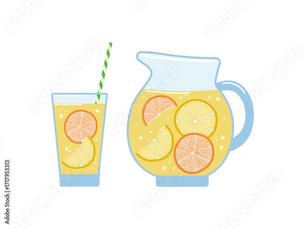 Obraz Jug of lemon and orange juice, drinking glass. Natural lemonade in a glass pitcher, a healthy refreshing drink with fruit and citrus slices. Healthy food. Vector illustration, isolated background.