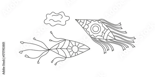 Obraz Kite flying, sky, clouds. Hand drawn icon, doodle. Set linear drawing, sketch on white isolated background.