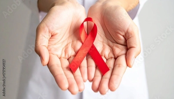 Fototapeta A healthcare worker's hands gently hold a red ribbon, symbolizing global solidarity and awareness for HIV and AIDS prevention and support