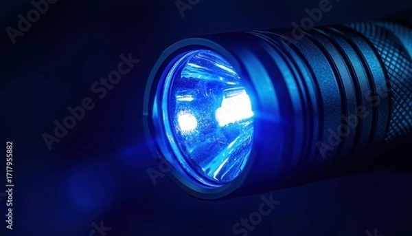 Fototapeta Bright Blue Led Flashlight Illuminated Up Close, Casting A Strong Beam Of Light In The Darkness. Illuminate Your Surroundings.