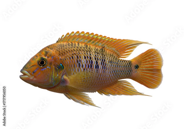 Fototapeta Vividly colored fish, showcasing intricate scales and fins, presented against a striking black background.