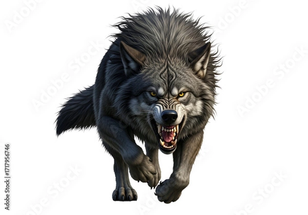 Fototapeta A dynamic, fierce wolf, rendered in dramatic gray tones, charges forward with teeth bared in a powerful, intimidating display against a stark black background.