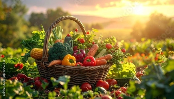 Fototapeta World Food Day : Wicker basket filled with fresh vegetables and fruits in a field at sunset, showcasing a bountiful harvest.