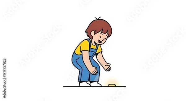 Fototapeta A child bends down to pick up a glowing object on the floor.