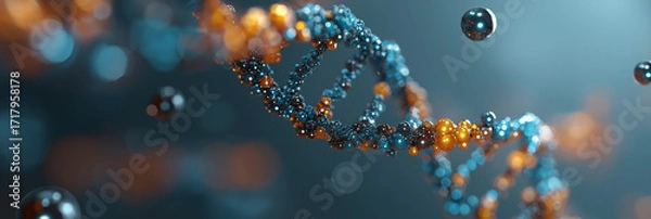 Fototapeta a close-up of the double helix structure with a blue and orange gradient background, symbolizing technological innovation in chemical science.