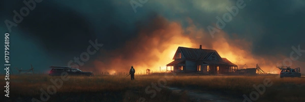 Fototapeta firefighters battling an intense fire in the shadows of a burning house