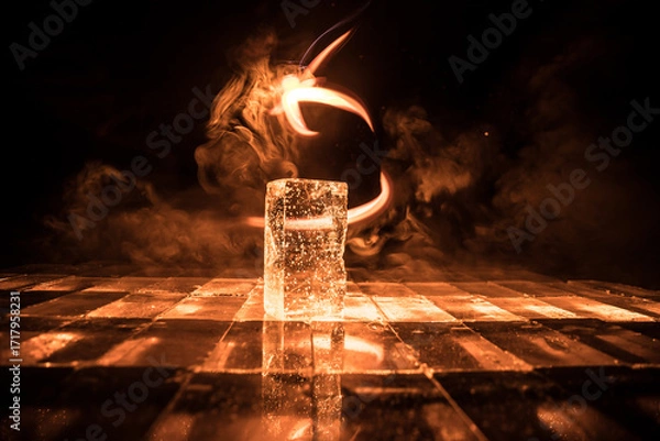 Fototapeta Crystal clear frosty textured natural ice block with cracks on black mirroring surface.