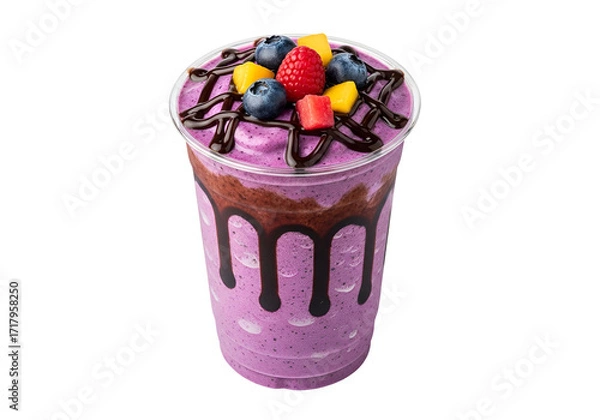 Fototapeta A vibrant purple smoothie drink, topped with fresh berries, mango pieces, and drizzled chocolate, in a clear plastic cup, against a black backdrop.