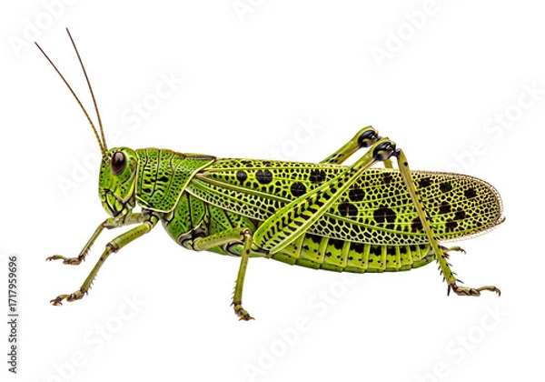 Fototapeta Detailed close-up view of a vibrant green grasshopper, showcasing intricate patterns and textures against a stark black backdrop.