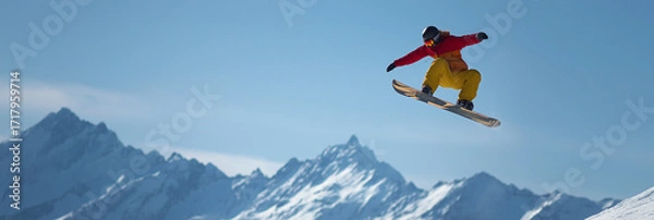 Fototapeta a snowboarder in colorful gear jumps off the edge of an alpine cliff