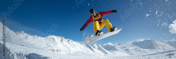 Fototapeta a colorful female snowboarder in a vibrant jacket and yellow pants is jumping from the mountain