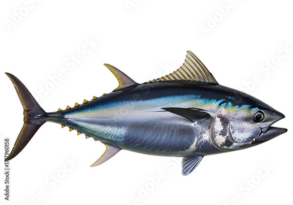 Fototapeta A detailed, side profile view of a tuna fish, showcasing its intricate scales and fin structure against a stark black background.