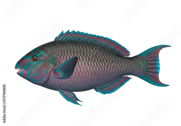 Fototapeta A detailed illustration of a vibrant tropical fish, showcasing its intricate scales and striking color patterns against a stark black backdrop.