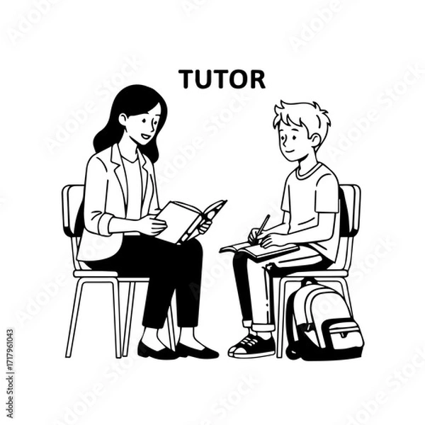 Fototapeta Black and White Illustration of Tutor and Student Studying Together