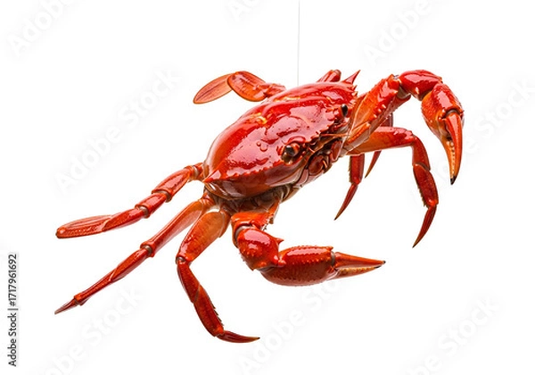 Fototapeta Vividly colored, intense red crab suspended against a stark black background.