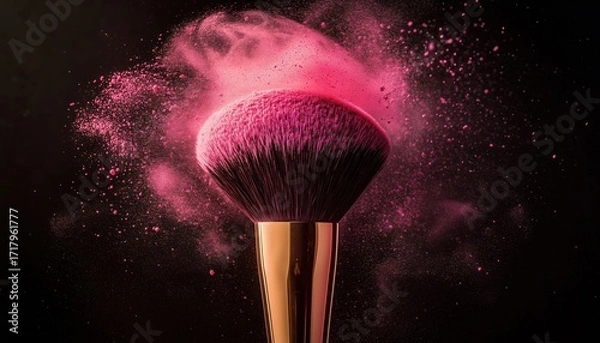 Fototapeta Black Makeup Brush With Gold Powder Splashes And Pink Powder Explosion: Vibrant And Colorful Beauty Tool For Every Makeup Enthusiast.