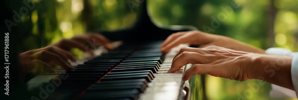 Fototapeta a close-up of hands playing the piano, with an out-of-focus background showing trees and greenery in soft focus.