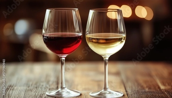 Fototapeta Empty Wine Glasses Containing White And Red Wine: A Diverse Selection Of Beverages Inside Crystal Glassware Ready To Be Enjoyed.