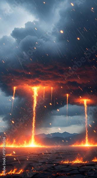 Fototapeta Inferno of fire and destruction rains down from the sky in apocalyptic scene