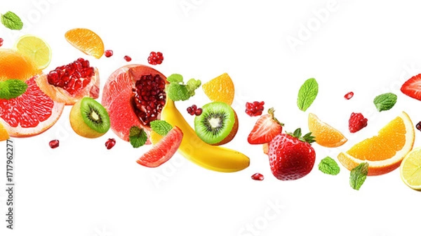 Fototapeta Floating Colorful Fruit Assortment Against Black Background