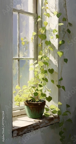 Fototapeta a pot of green plants is placed on the windowsill, with sunlight shining through the leaves and creating beautiful shadows in an old house.