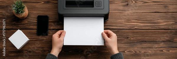Fototapeta  a person is pulling out a sheet of paper from their printer, sitting on top of an empty wooden table with a grey wall in the background.