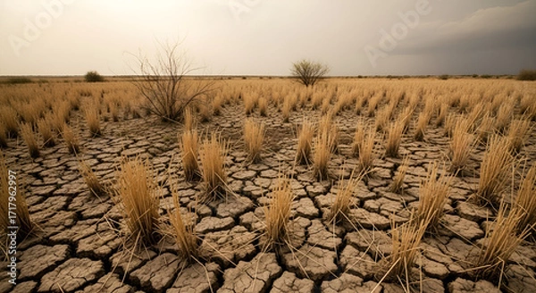 Fototapeta Dry cracked earth in a barren landscape with sparse vegetation under sky