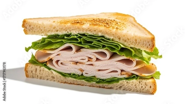 Fototapeta A fresh turkey and lettuce sandwich on toasted bread, cut in half and isolated on a white background.