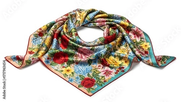 Obraz A colorful floral print silk scarf, folded and artfully draped on a plain white background.