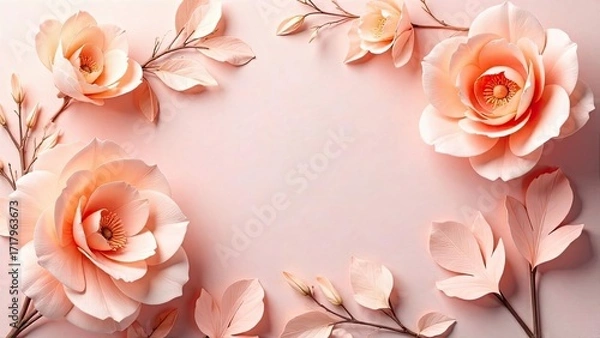 Fototapeta Pastel Peach Floral Frame Delicate Paper Flowers and Branches on Soft Pink Background