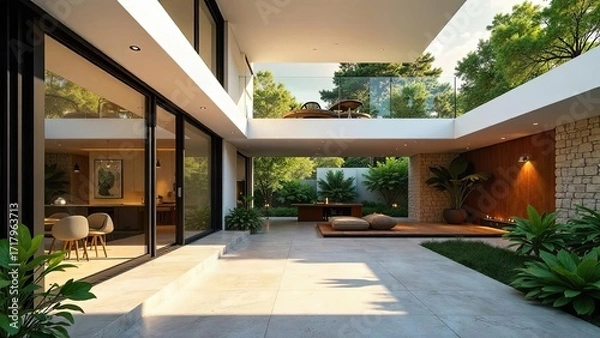 Fototapeta Serene Modern Courtyard Design A Luxurious Open-Air Living Space with Natural Stone, Lush Greenery, and Minimalist Furniture