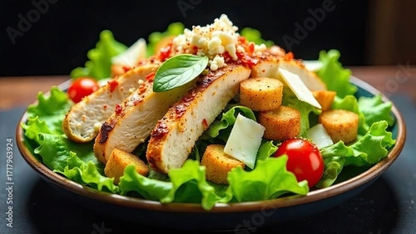 Fototapeta Aromatic Grilled Chicken Salad with Crispy Croutons and Creamy Cheese