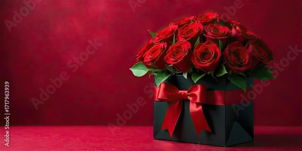 Fototapeta A Luxurious Arrangement of Deep Red Roses in an Elegant Black Gift Box with a Satin Ribbon Bow, Perfect for a Romantic Gesture or Special Celebration