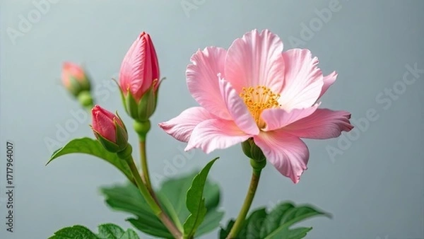 Fototapeta Delicate Pink Blossom with Unopened Buds on a Simple Background