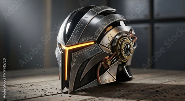 Fototapeta Close up of a futuristic helmet with intricate details and metallic finish