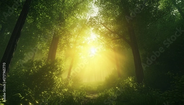 Fototapeta Sunlight Streaming Through The Trees In The Woods Creates A Beautiful Scene, Illuminating The Forest With Warm And Golden Hues.
