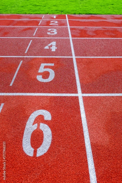 Fototapeta Running track with numbers in the stadium, sport background.