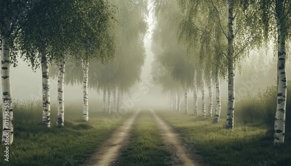 Fototapeta Birch Grove Country Road Blanketed In Fog: A Misty Morning Scene In The Countryside Surrounded By Trees.