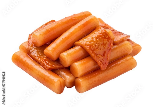 Fototapeta A close-up view of a pile of savory, coated tteokbokki, showcasing its vibrant orange-red sauce and a delightful texture.