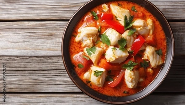 Fototapeta Close-Up Top View Of Moqueca Baiana Fish And Bell Peppers In Spicy Coconut Sauce On A Table In Brazil.