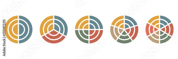 Fototapeta Segmented circle icon. Colorful flat pie chart set. Round diagram template. Business analytics graphic. Infographic circle. Data visualization chart 