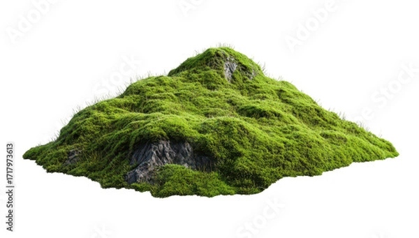 Fototapeta A lush green moss-covered mound with rocky features. set against a clean white background. natural textures ideal for nature-themed projects or backgrounds
