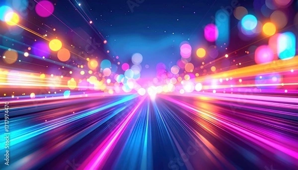 Fototapeta Abstract vibrant city street scene with motion blur and colorful lights.
