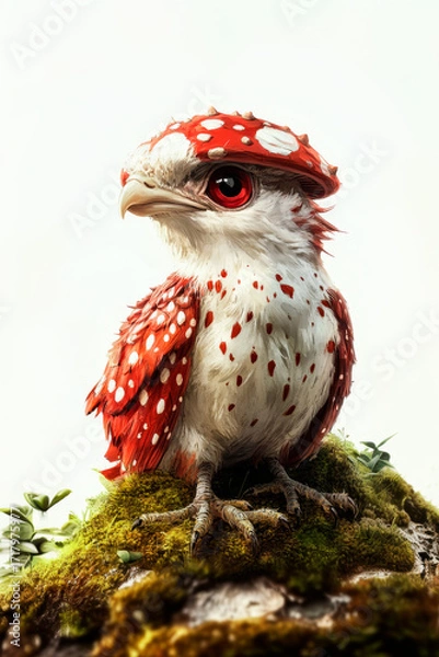Fototapeta Digital Painting of a Fantasy Character. Fly Agaric Red and White Bird on White Background. Generative AI