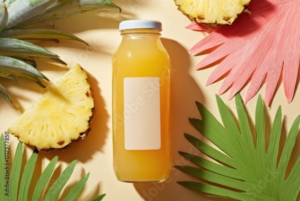 Fototapeta Tropical pineapple juice bottle with blank label and sliced fruit flat lay