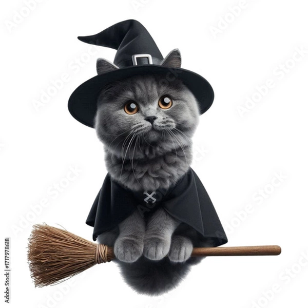 Fototapeta Adorable grey cat wearing a festive carved pumpkin on its head, celebrating Halloween with a whimsical and spooky touch